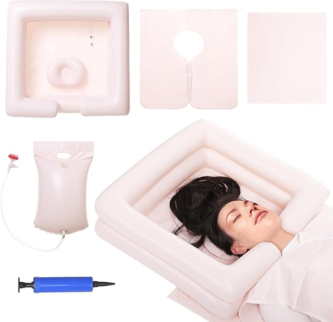 Inflatable Bedside Shampoo Set with Water Bag and Waterproof Shawl. Wash Hair in Bed for Children, the Elderly, Pregnant Women, Post-surgery or Bedridden Patients. Water Bag Capacity 2.1 Gallons (8L)