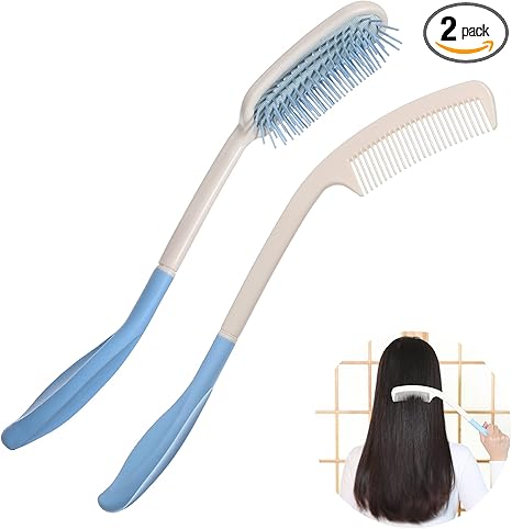 Fanwer Long Reach Handled Comb and Hair Brush Set Applicable to elderly and hand-disabled people inconvenient upper limb activities (2 pcs)