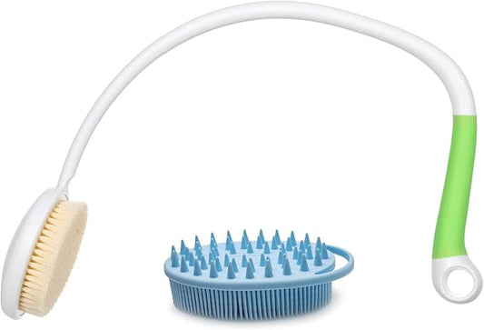 Fanwer Long-handle Curved Bath Brush with Silicone Scrubber