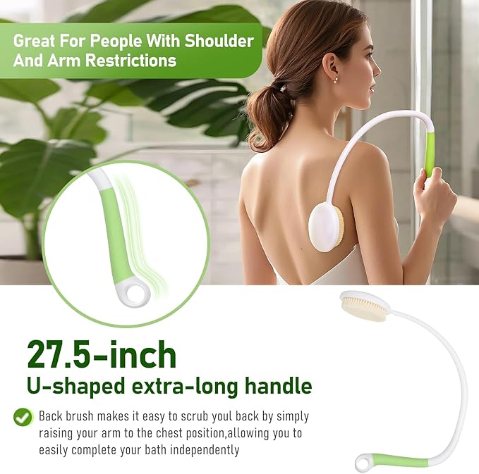 Fanwer 27.5" Long Handled Back Bath Brush for Shower, Back Scrubber for Shower with U-Shaped Curved Handle, Loofah Shower Brush Back Washer for Elderly, Men and Women, Adaptive Equipment for Shower