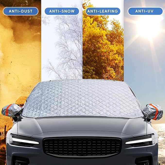 Fanwer New Thickened Car Windshield Cover for Ice and Snow, Magnetic Snow Cover with 9 Hidden Magnets, Windshield Sun Shade UV Reflective for Summer, Ice Frost Sun Dust Water Resistent