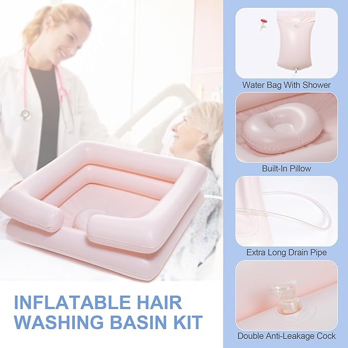 Inflatable Bedside Shampoo Set with Water Bag and Waterproof Shawl. Wash Hair in Bed for Children, the Elderly, Pregnant Women, Post-surgery or Bedridden Patients. Water Bag Capacity 2.1 Gallons (8L)