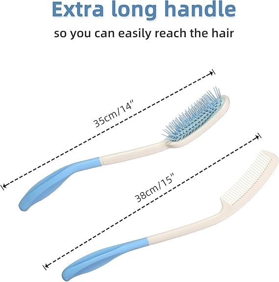 Fanwer Long Reach Handled Comb and Hair Brush Set Applicable to elderly and hand-disabled people inconvenient upper limb activities (2 pcs)