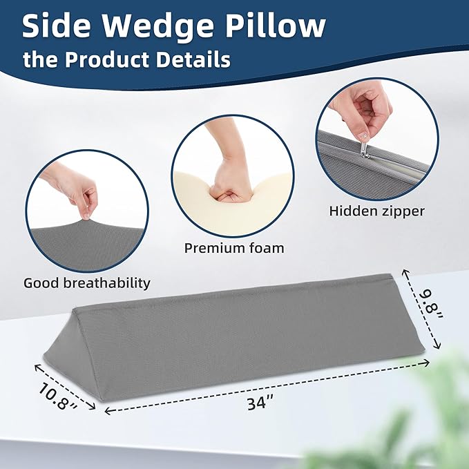 Fanwer Wedge Pillow for Side Sleeping, 34" Back Pillow for Side Sleeper, Bed Wedges & Body Positioners for After Surgery, Pregnancy Support, Back Pain, Preventing Bedsores