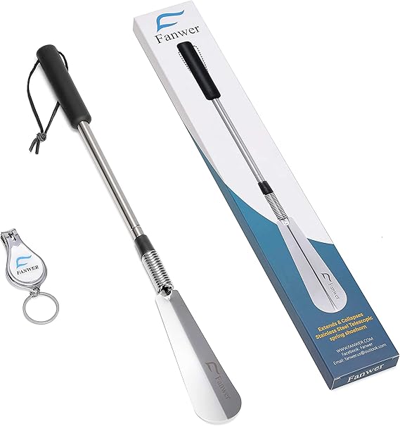 Fanwer Premium Long Handled Shoe Lifter 16" to 31" Adjustable Expander Shoe Horn - Extends & Collapses Stainless Steel Telescopic Spring Shoehorn