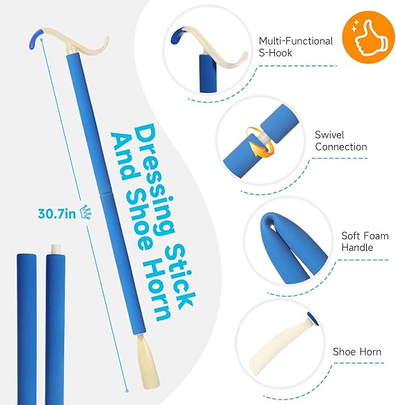 Fanwer 4-Piece Hip Kit for Total Hip Replacement with Sock Aid, 32" Foldable Reacher Grabber Pickup Tool, 30.7" Long Shoe Horn & Dressing Stick and 2Pcs Pants Helper Device