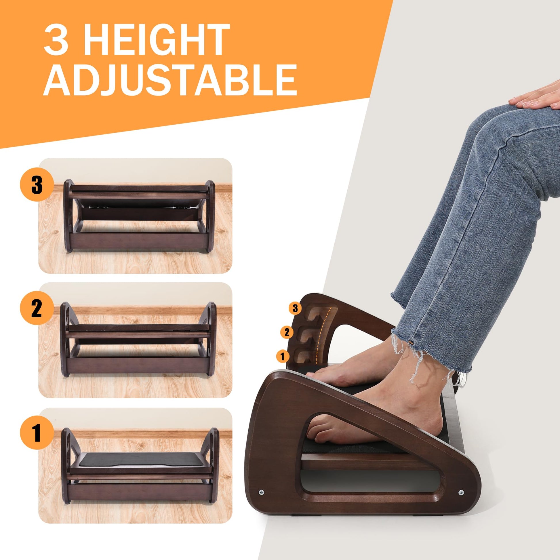 Fanwer Adjustable Foot Rest for Under Desk at Work, Ergonomic Foot Stool  Under Desk with 4 Height Position, Wooden Under Desk Footrest with  Anti-Slip