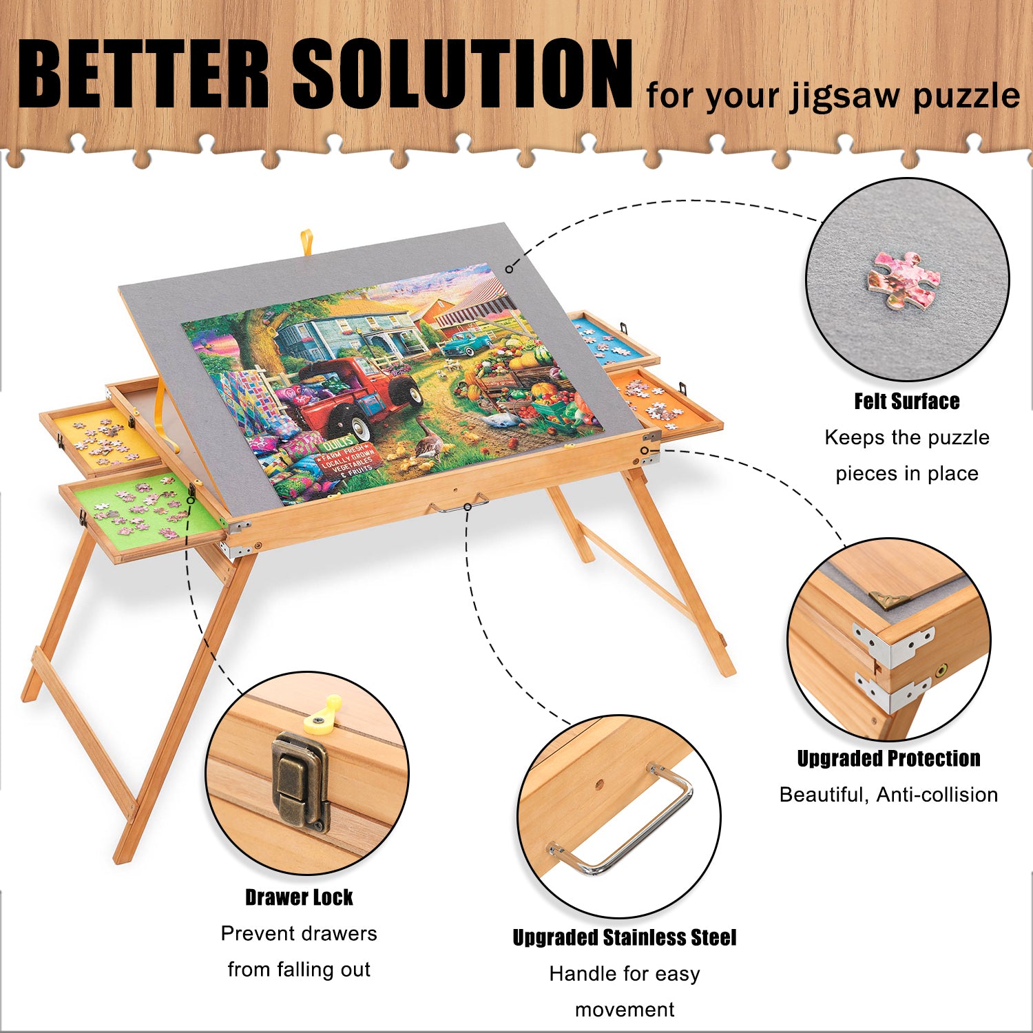 Puzzle Board 1500 Pieces,Jigsaw Puzzle Table with 4 Drawers and Cover,34”x  26”Portable Puzzle Table with Folding Legs for Adults and Teens